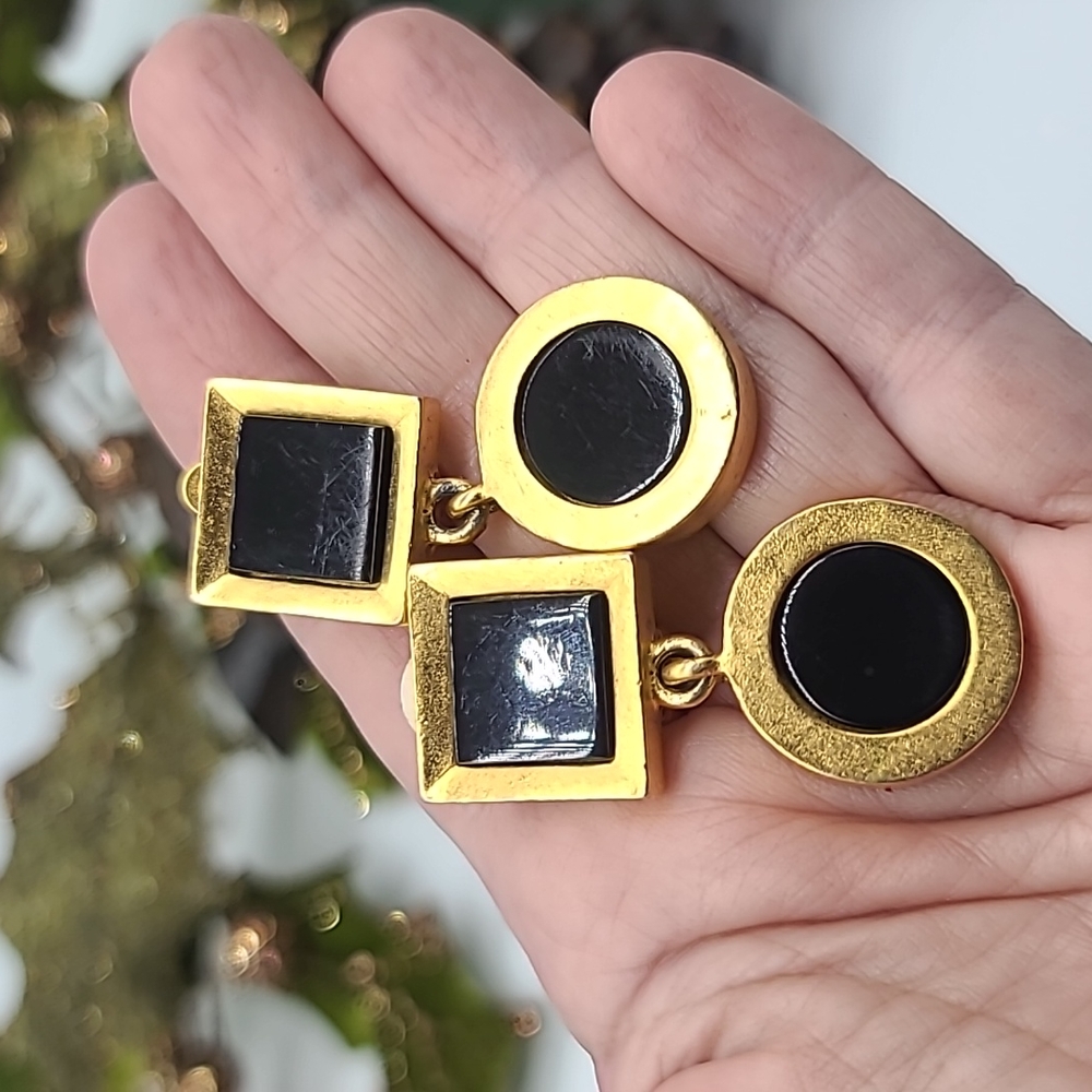 Circa 1980's Karl Lagerfeld Collection Brushed Gold & Black Stone clip earrings!